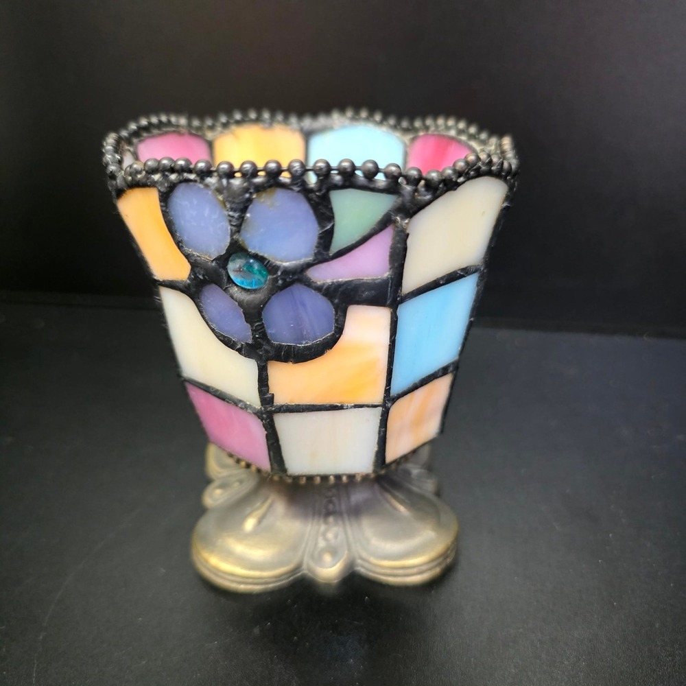Stained Glass Candle Holder Small Multi Floral Mosaic Tiffany Style Decor